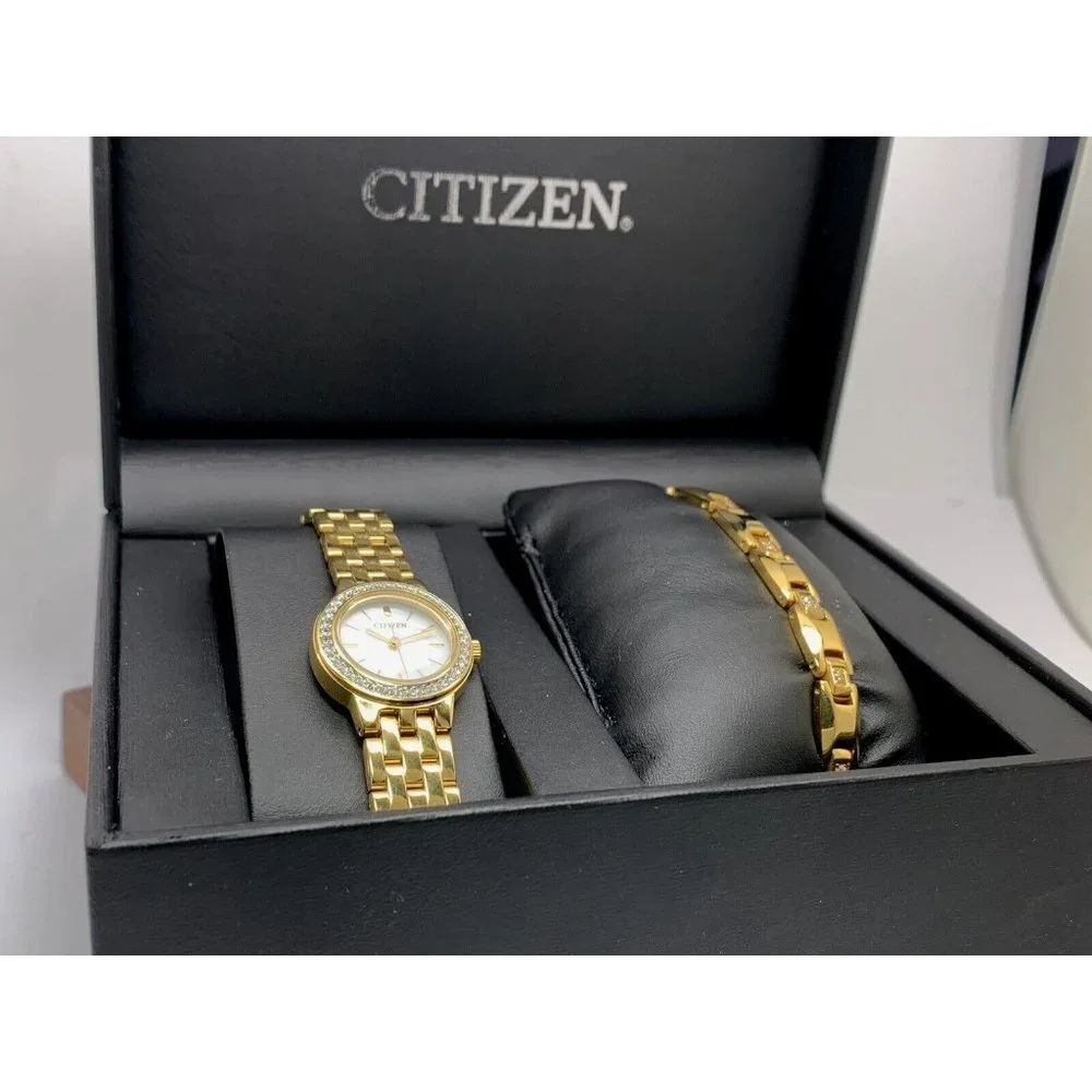 Citizen Women's Watch EJ6102-64D Quartz Gold Tone 23mm Swarovski & Bracelet Set